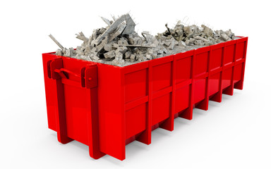 Red rubble container perspective front view isolated on white background. 3D Rendering, 3D Illustration.