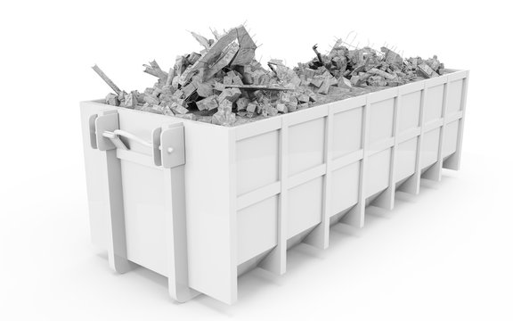 White rubble container perspective front view isolated on white background. 3D Rendering, 3D Illustration.