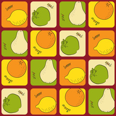 Seamless pattern with pears, apples, lemons and oranges