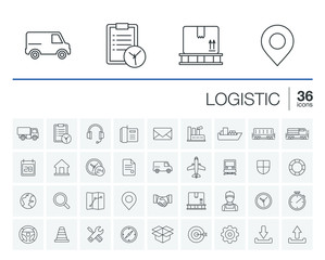 Vector thin line icons set and graphic design elements. Illustration with Logistic, delivery business, distribution outline symbols. Service, export, shipping, transport linear pictogram