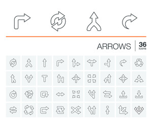 Vector thin line icons set and graphic design elements. Illustration with arrows, direction and move outline flat symbols. Turn left, right, switch, undo linear pictogram
