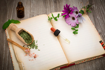Fototapeta na wymiar medical herbs recipe book with essence dropper and medical herbs