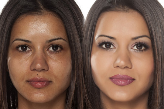 Comparison portrait of a exotic beautiful woman without and with makeup
