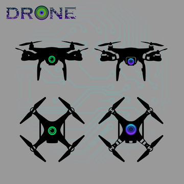 set of flying drones, quadrocopters, uavs with camera Vector Illustration