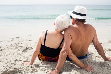 Rear view of senior couple sitting on beach