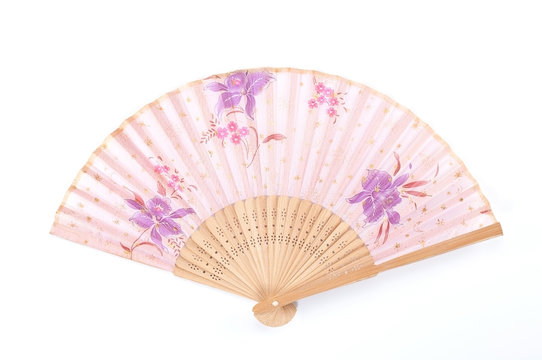 Flower painted hand fan, chinese style hand fan on white background.