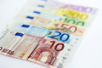 Euro money ,200,100, 50, 20 and 10 on a white background