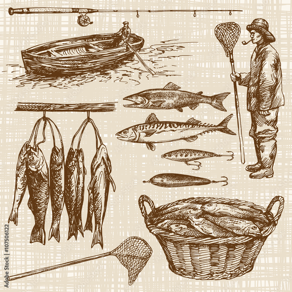 Wall mural Fishing. Hand drawn set.