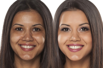 Comparison portrait of a exotic beautiful woman without and with makeup