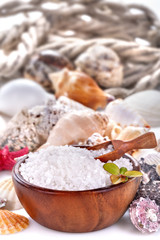 Sea bath salt in a bowl and .sea shells
