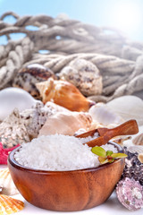 Sea bath salt in a bowl and .sea shells