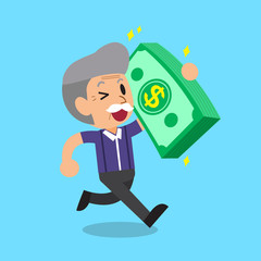 Cartoon senior man carrying big money stack