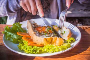 Fried Eggs And Bread / Fried Eggs And Bread In Dish And Fresh Vegetables On Wooden Background.
