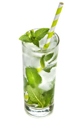 Water with mint and ice on a white background. Detoxification and healthy life.