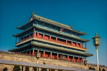 Fototapeta premium Beijing, China at the Zhengyangmen Gatehouse in Tiananmen Square. Beautiful historical building at sunset.