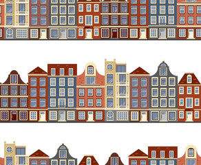 Seamless pattern with old historic buildings of Amsterdam. Flat style vector illustration. 
