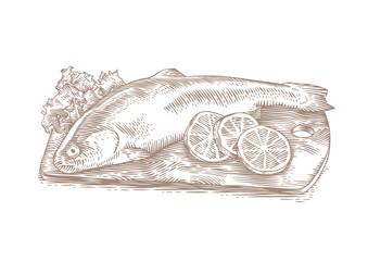 Raw trout with lettuce and lemon on the wooden board