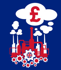 Factory in the colors of flag of United Kingdom of Great Britain as metaphor of British industry and its financial profit or crisis expressed as income of Pounds