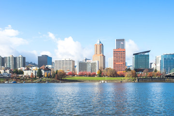 tranquil water with cityscape and skyline of portland