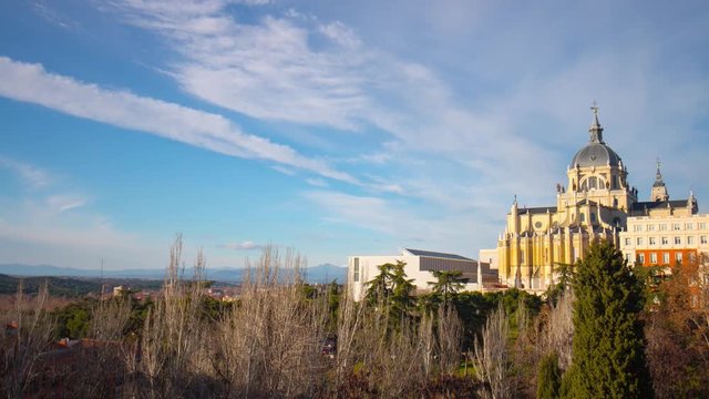 madrid sunny day park panorama almudena cathedral 4k time lapse spain
