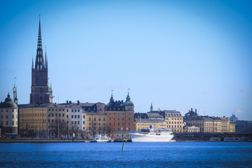 Stockholm, Sweden - March, 16, 2016: panorama of Old Town of Stockholm, Sweden, with the boats on a sea