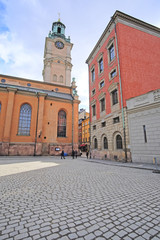 Obraz premium Stockholm, Sweden - March, 16, 2016: landscape with the image of Old Town street in Stockholm, Sweden