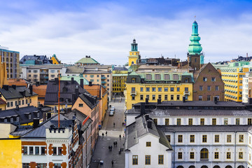 Fototapeta na wymiar Stockholm, Sweden - March, 19, 2016: multystoried inhabited buildings in Stockholm, Sweden