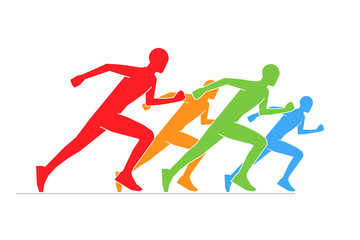 Plakat Colored silhouettes of runners. Line running symbol. Vector figures athletes running. Vector running and marathon logo.