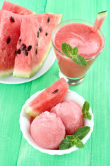 Watermelon ice cream, smoothie and slices