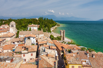 Naklejka premium Sunny view of Sirmione from viewpoint of Rocca di Sirmione, Lombardia region, Italy.