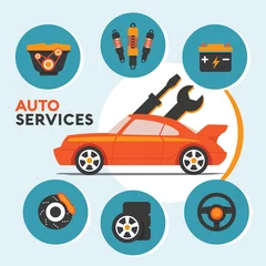 Glasbilder Autorennen Car Service and Maintenance with spare parts icon and info-graphics