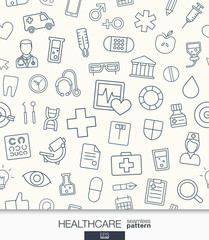 Healthcare wallpaper. Medical seamless pattern. Tiling textures with thin line web icons set. Vector illustration. Abstract health care and medicine background for mobile app, website, presentation.