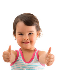 Portrait of a beautiful and confident girl showing thumbs up isolated one white