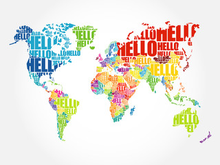 HELLO Word Cloud World Map in Typography, background concept