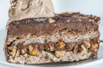 close-up of chocolate cake incision