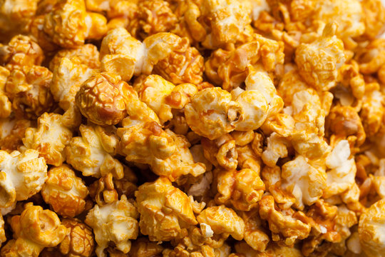 Caramel Pop Corn Background, Closeup View