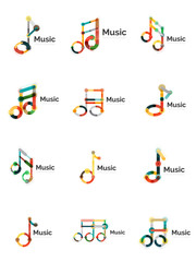 Music note logo set, flat thin line geometric icons