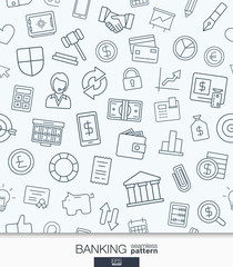 Banking and finance wallpaper. Black and white bank seamless pattern. Tiling textures with thin line web icons set. Vector illustration. Abstract background for mobile app, website, presentation.
