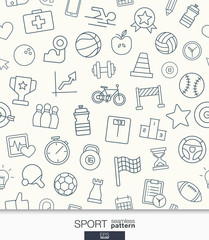 Sport and fitness wallpaper. Black and white game seamless pattern. Tiling textures with thin line web icons set. Vector illustration. Abstract background for mobile app, website, presentation.