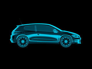 X-ray concept car on isolated black background, side view. Sports car 3D blue transparent