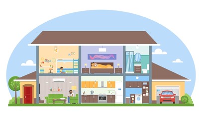 Home interior with room furniture vector illustration. Detailed modern house in flat style