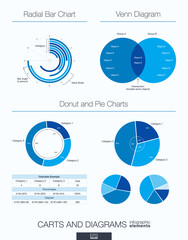 Useful infographic template. Set of graphic design elements, venn diagram, radial bar, donut and pie charts. Vector illustration.