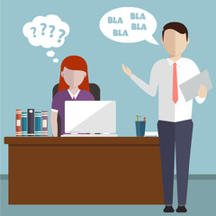 Boss having an argument with employee over project, pressured by lack of time deadline, screaming at employee