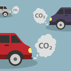 Cars emits CO2, carbon dioxide. Concept of smog, pollutant, damage, contamination, garbage, combustion products.