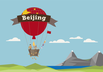 Fototapeta na wymiar Air Balloon with adventures and Beijing Banner