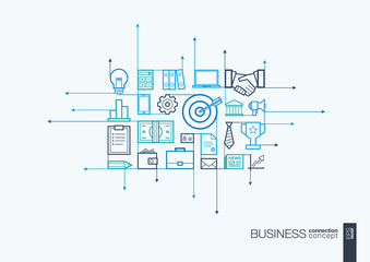 Business integrated thin line symbols. Motion arrows vector concept, with connected flat design icons. Illustration for strategy, service, analytics, research, career, digital marketing concepts