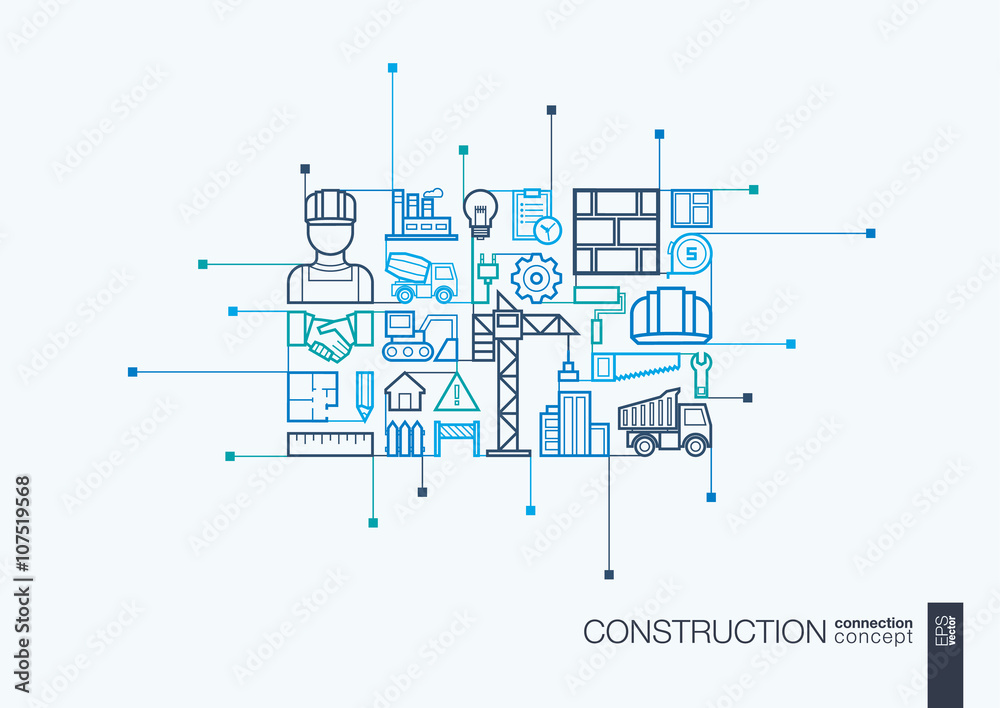 Wall mural construction integrated thin line symbols. modern linear style vector concept, with connected flat d