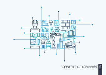 Construction integrated thin line symbols. Modern linear style vector concept, with connected flat design icon. Abstract background illustration for build, industry, architectural, engineering concept