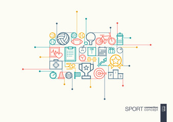 Sport integrated thin line symbols. Modern linear style vector concept, with connected flat design icons. Abstract background illustration for training, tennis, bicycle, soccer, rugby, fitness concept