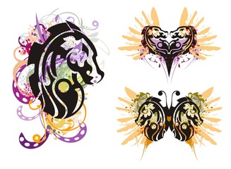  Grunge horse head. Tribal horse head splashes, grunge horse heart and grunge horse butterfly with blood drops